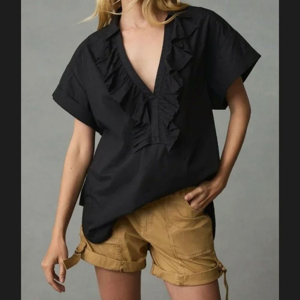 Pilcro Womens Medium Blouse Black Ruffle Neck Raw Edge Boho V-Neck Top Slouchy